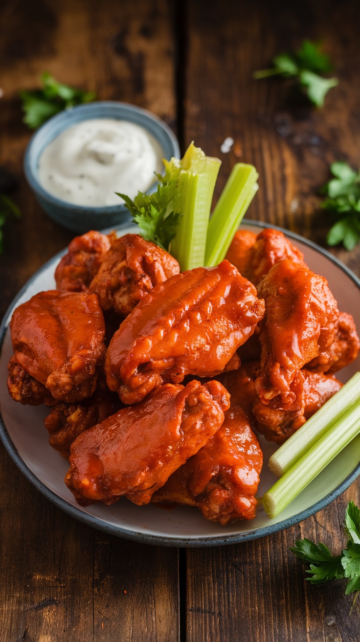 Crispy buffalo chicken wings with celery sticks and ranch dressing, served on a wooden table.